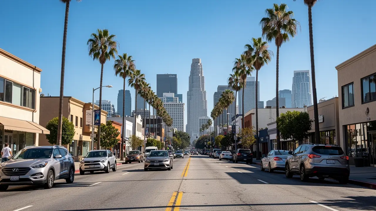 Los Angeles street + downtown skyline