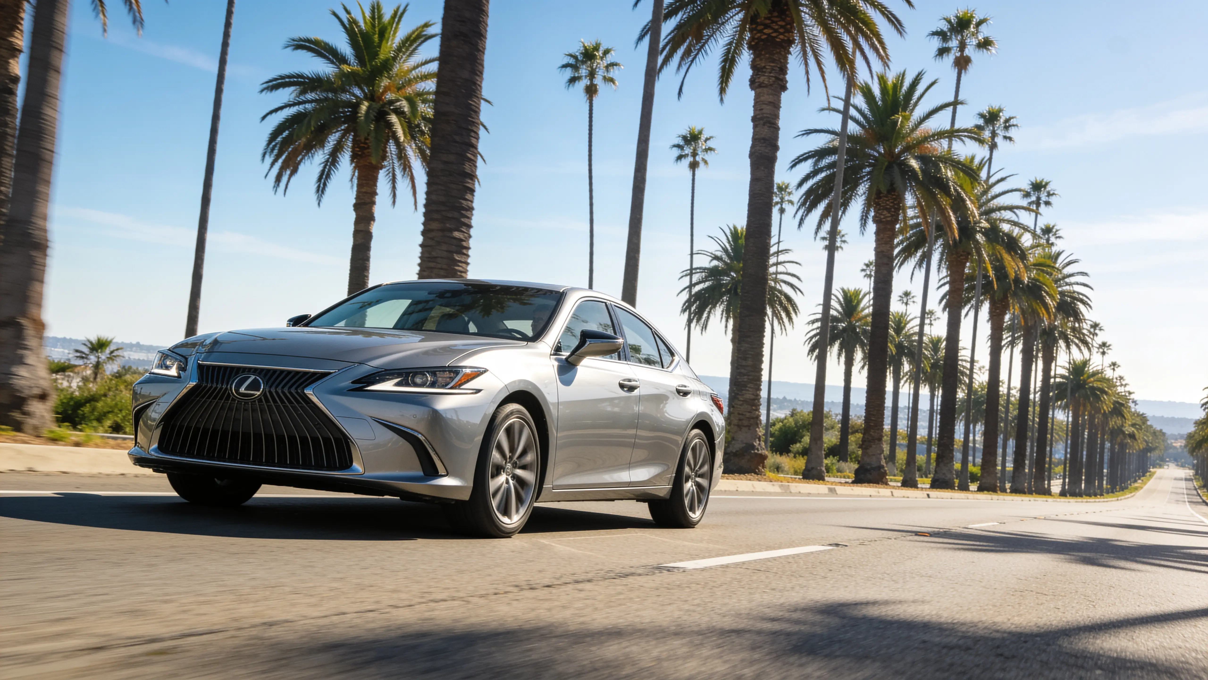 Car on a palm-lined SoCal highway